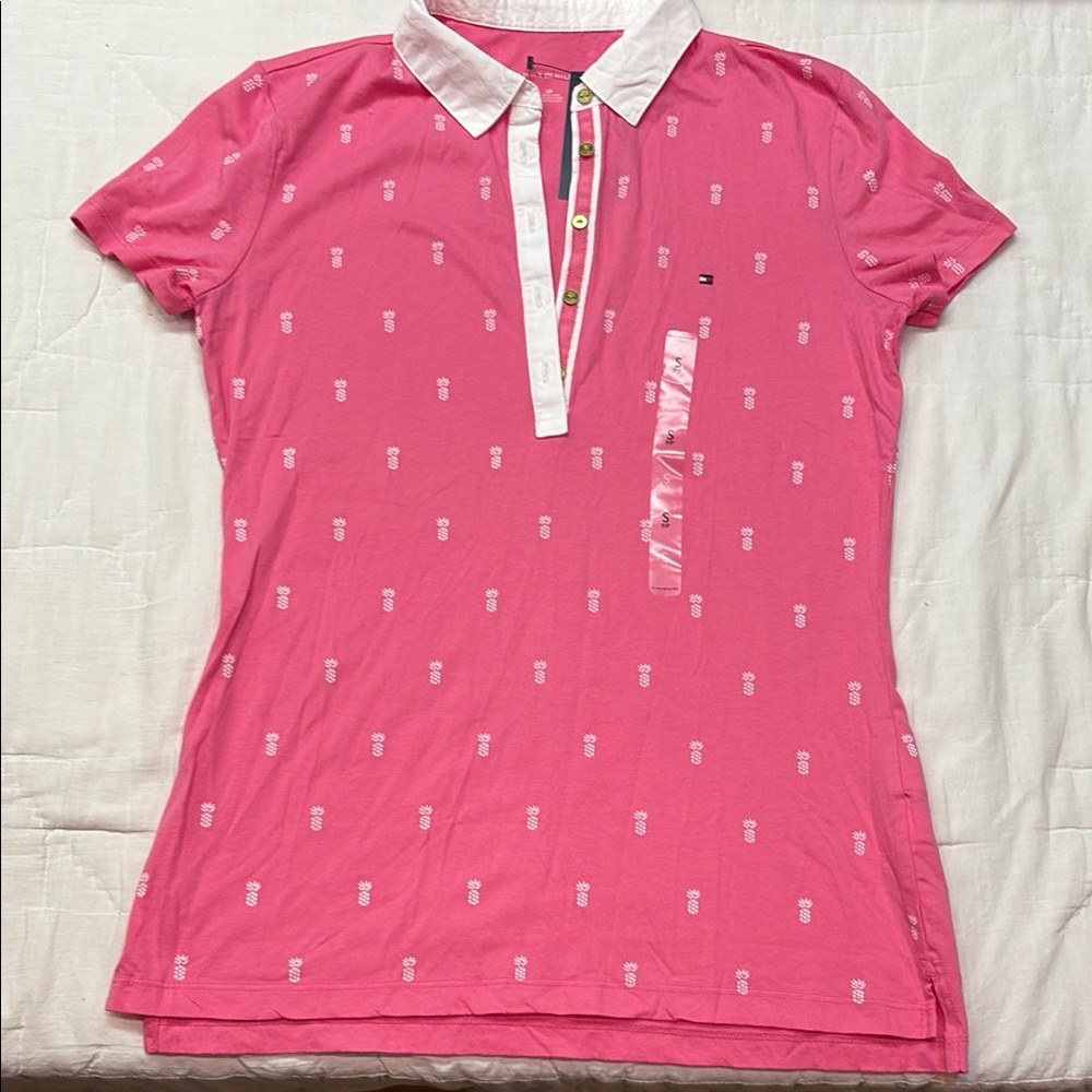 Preppy Streetwear Tommy Hilfiger Pink Pineapple Print Fitted Polo Shirt NWT